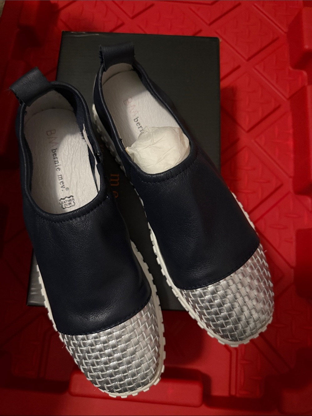 bernie mev. Navy and Silver Sneaker with Woven Cap Toe